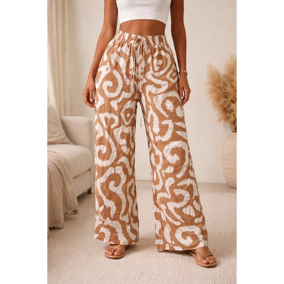 A Peach Pants - Spring‎ Fun Peach Women's Lightweight Brown & White Print Pants Size XL New